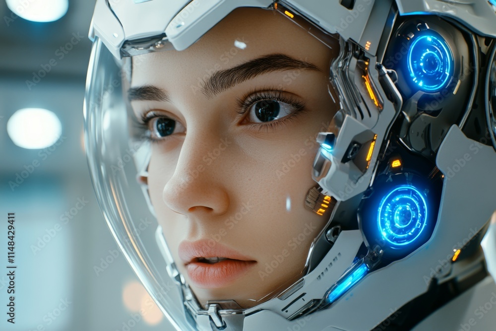 Fototapeta premium A futuristic cybernetic head with glowing blue gears visible through transparent sections, representing advanced AI technology