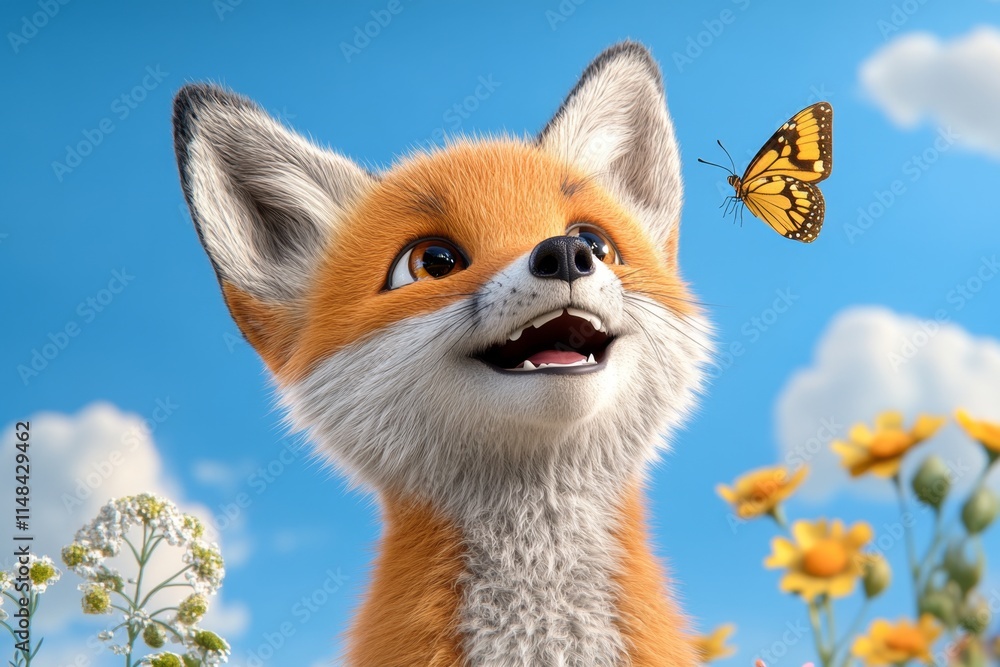 Fototapeta premium A fox kit playfully chasing a butterfly in a sunny clearing, surrounded by wildflowers