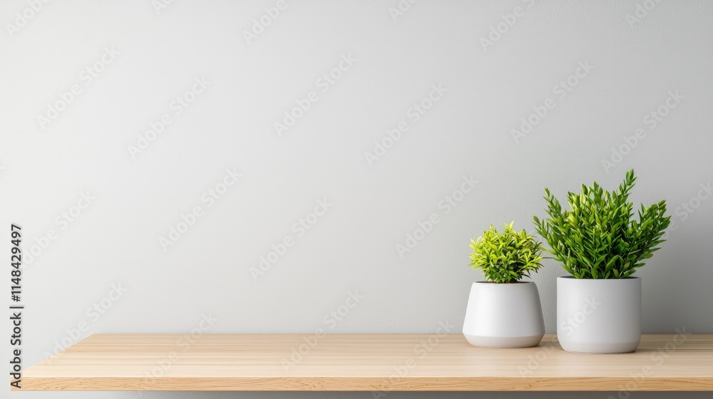 Two potted plants on a light wooden shelf against a white wall. Two potted plants on a light wooden shelf against a white wall.