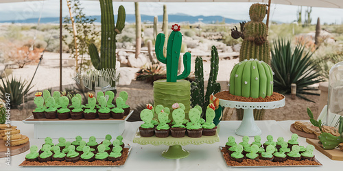A whimsical dessert table in the middle of a desert setting with a cactus garden theme