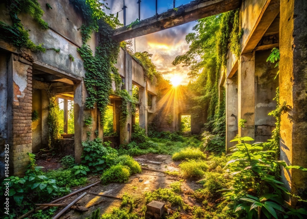 Fototapeta premium Urban Exploration Nature Background Photography: Abandoned Buildings, Overgrown Walls, Nature Reclaiming City
