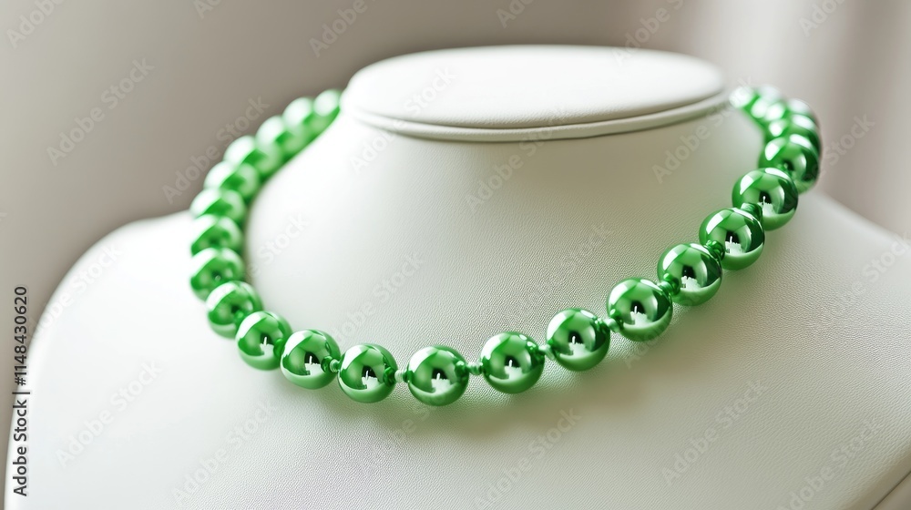 Elegant Green Bead Necklace Displayed on a White Bust Form