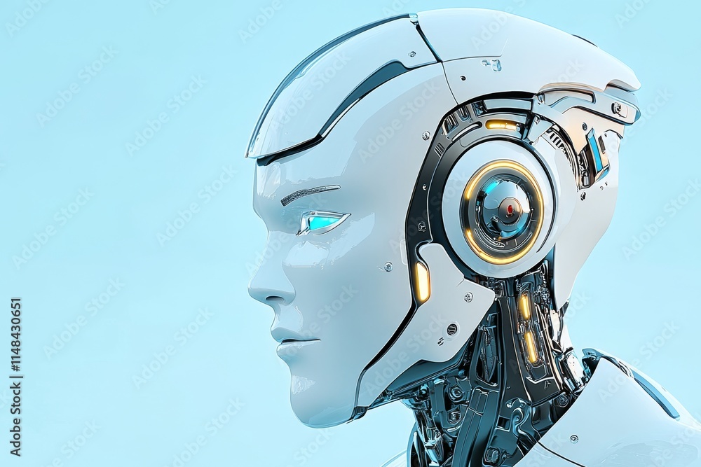 A futuristic robot head with sleek silver panels and glowing gears visible beneath the surface, set against a high-tech background A futuristic robot head with sleek silver panels and glowing gears visible beneath the surface, set against a high-tech background