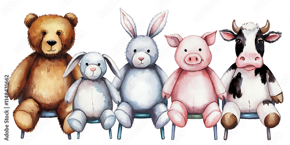 Obraz premium A watercolor style illustration of a group of stuffed animals on a white background