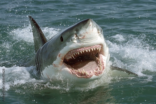 Great white shark breaching water, mouth agape. Perfect for illustrating ocean predator power and fear. photo