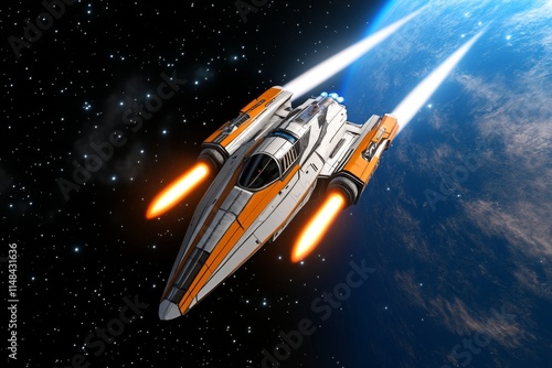 Fototapeta Naklejka Na Ścianę i Meble -  A futuristic spaceship flying through the center of a glowing galaxy, its engines leaving a trail of light