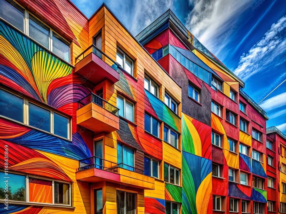 Abstract Acrylic Brushstrokes Architecture: Vibrant Color Explosion on Building Facade Abstract Acrylic Brushstrokes Architecture: Vibrant Color Explosion on Building Facade
