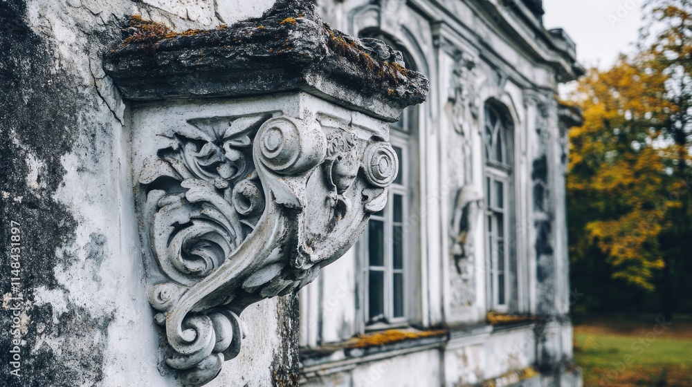 Fototapeta premium Ornate weathered stone detail on abandoned building facade.