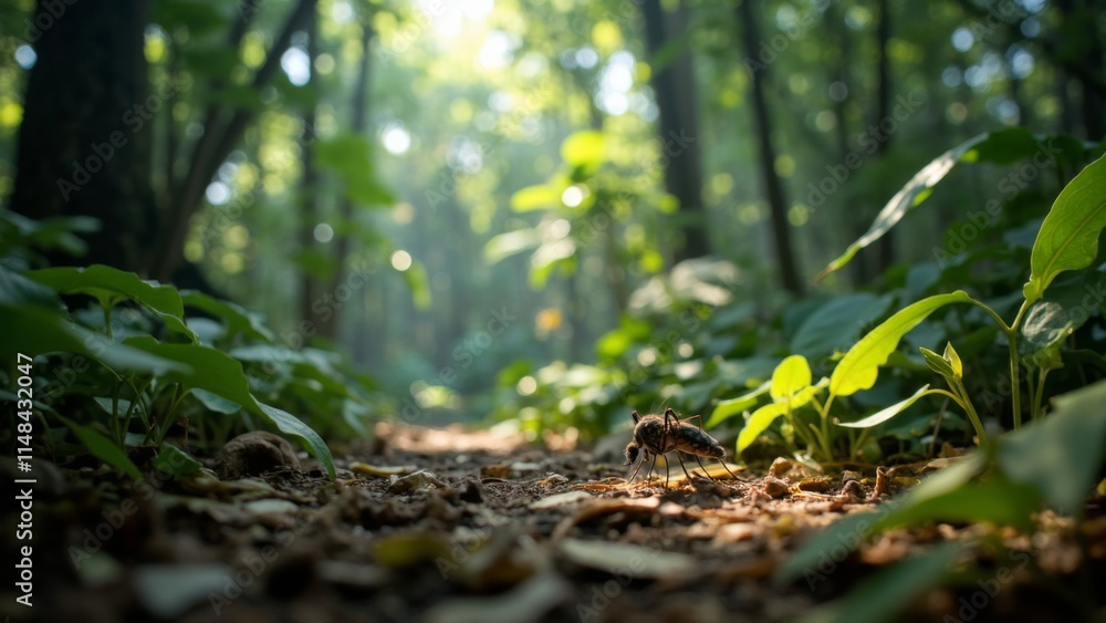 Obraz premium Tropical rainforest scene featuring a mosquito in the foreground, showcasing the intricate balance and biodiversity of life in a lush, vibrant ecosystem.
