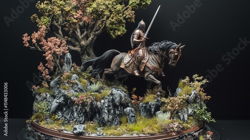 A detailed miniature of a knight on horseback amidst a scenic nature backdrop, perfect for collectors and enthusiasts. photo