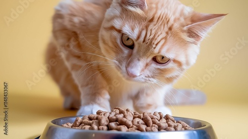 Ginger Tabby Cat Enjoying Cat Food on a Soft Pastel Yellow Background.Photo for Pet Related Campaigns, Social Media, and Creative Projects