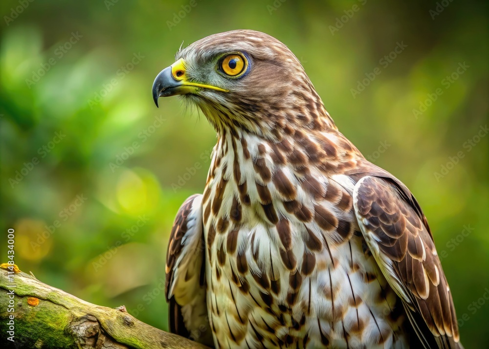 Drone captures a Honey Buzzard's intense gaze from above, perched majestically on a branch amidst wild nature. Drone captures a Honey Buzzard's intense gaze from above, perched majestically on a branch amidst wild nature.