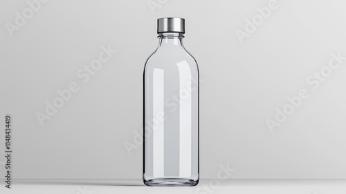 Clear glass water bottle with metal cap. Product mockup for hydration. Bottle isolated on transparent background. Design customizable. Suitable for eco-conscious consumers. Ideal for advertising photo