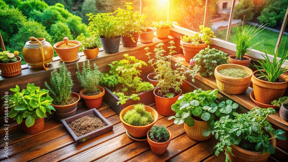 Fototapeta premium Urban Gardening Balcony Garden Food Photography: Fresh Herbs & Vegetables Grown at Home