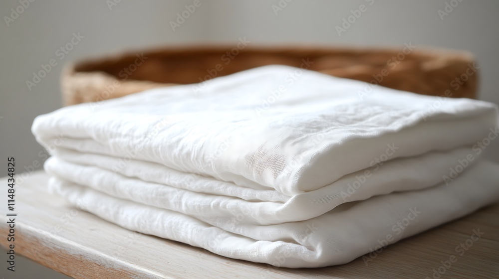 Folded white linens, wicker basket. Folded white linens, wicker basket.
