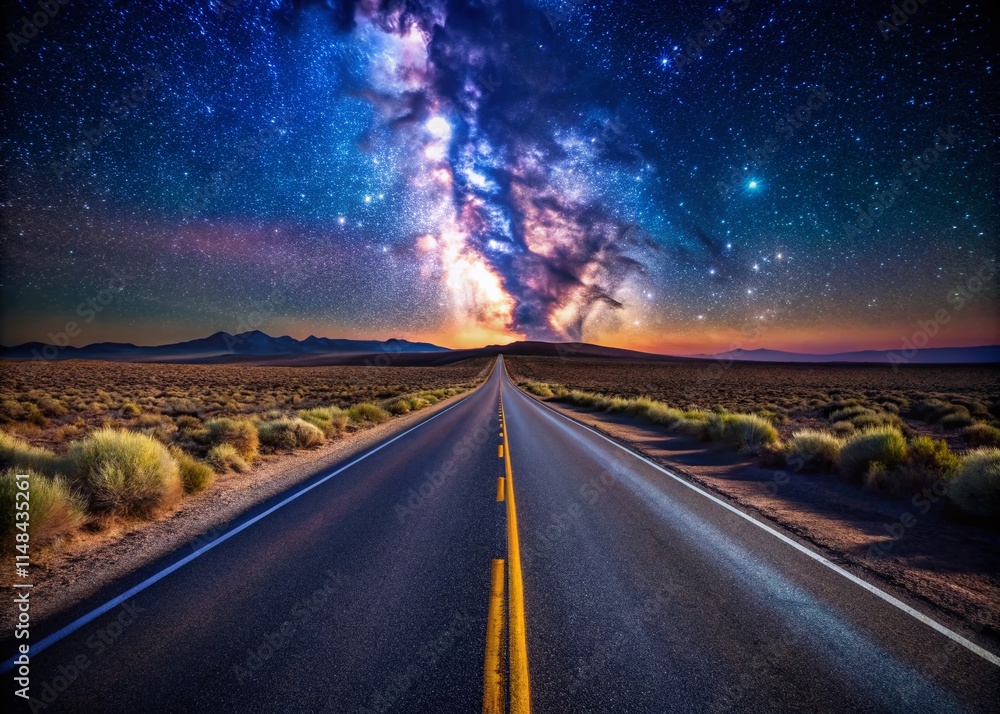 Naklejka premium USA Desert Night Highway, Long Straight Road, Night Photography, Stars, Mojave Desert, American Southwest, Scenic Route, Dark Sky, Night Drive, Asphalt, Landscape Photography