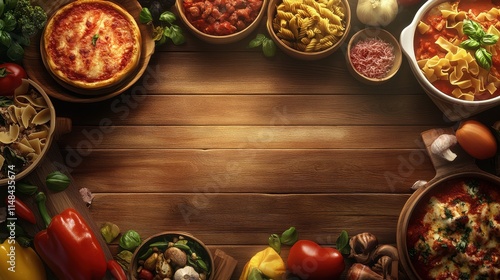 Italian Food Ingredients Arranged On Wooden Tabletop
