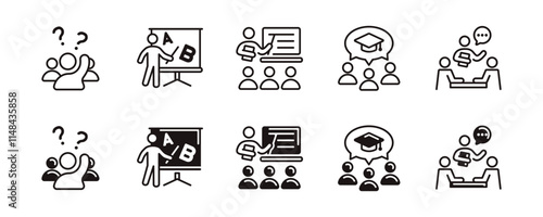 education classroom student learning icon set workshop seminar school conference coaching course lecture signs vector line illustration
