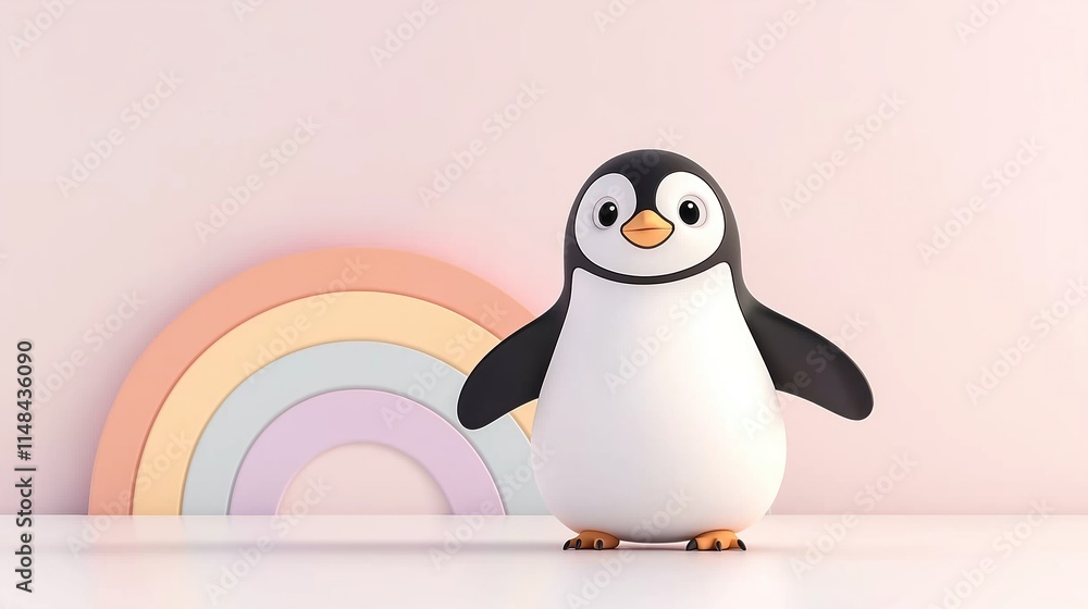 Cute cartoon penguin stands in front of colorful rainbow. Playful animal. Happy expression. Whimsical illustration. 3D render. Perfect for kids. Suitable for children products. Joyful, cheerful. Cute cartoon penguin stands in front of colorful rainbow. Playful animal. Happy expression. Whimsical illustration. 3D render. Perfect for kids. Suitable for children products. Joyful, cheerful.