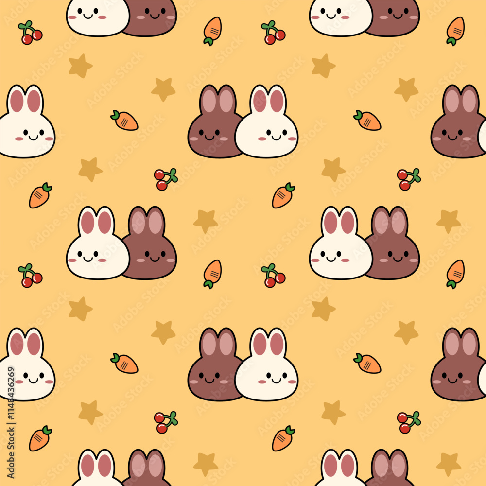 Two face rabbit white and brown cartoon so cute. On carrot cherry star yellow background. Pattern seamless vector illustration. Two face rabbit white and brown cartoon so cute. On carrot cherry star yellow background. Pattern seamless vector illustration.