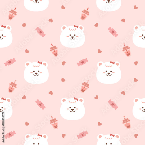 Face polar bear cartoon so cute. On candy heart bubble milk tea pink background. Pattern seamless vector illustration. 
