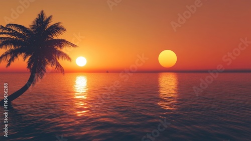 Beautiful Sunset Over Ocean with Palm Tree Silhouette and Reflection