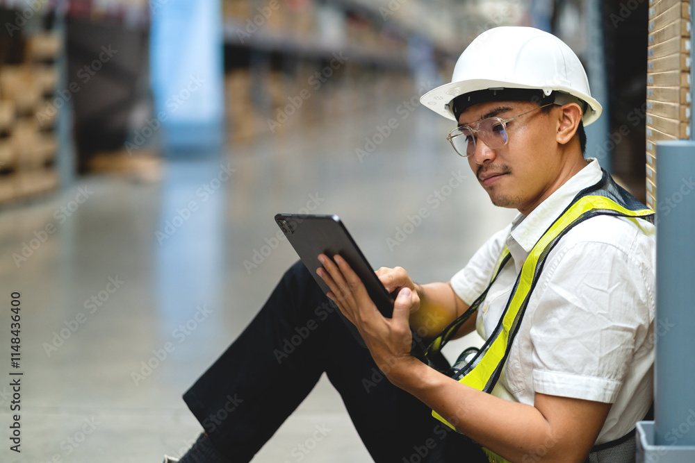 A man in a safety vest is sitting on the floor and using a tablet. He is wearing a hard hat and safety glasses A man in a safety vest is sitting on the floor and using a tablet. He is wearing a hard hat and safety glasses