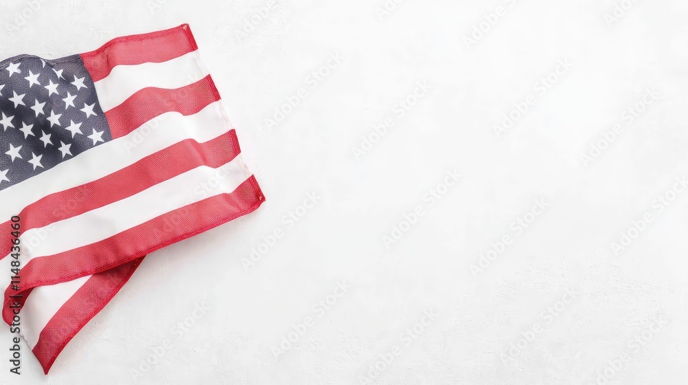 Obraz premium American flag folded in the corner of a textured white background with copy space.