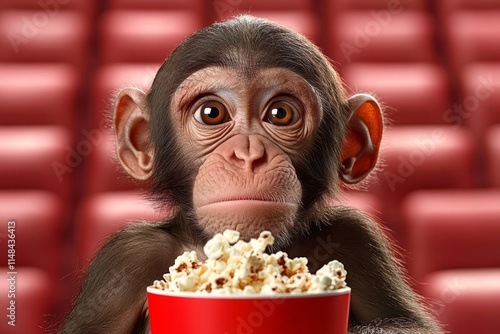 A mischievous monkey stealing popcorn from an unsuspecting moviegoer