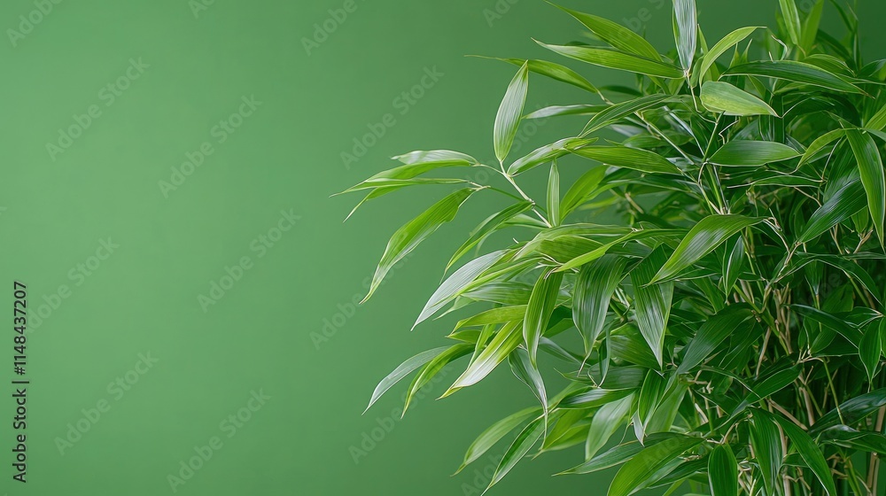 Obraz premium Lush green bamboo plant against a vibrant green background.