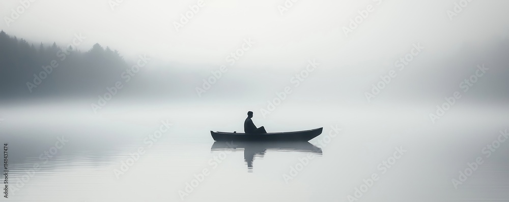 Solitary figure sits serenely in small boat on tranquil water. Misty atmosphere envelops scene creating contemplative mood. Calm water reflects scene. Suggests peaceful journey, meditation. Nature Solitary figure sits serenely in small boat on tranquil water. Misty atmosphere envelops scene creating contemplative mood. Calm water reflects scene. Suggests peaceful journey, meditation. Nature