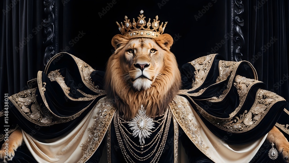 Fototapeta premium A majestic lion, with a regal facial expression, adorned with a glistening golden crown, symbolizing power and authority, set against a luxurious, velvet black background, showcasing a stunning, high-