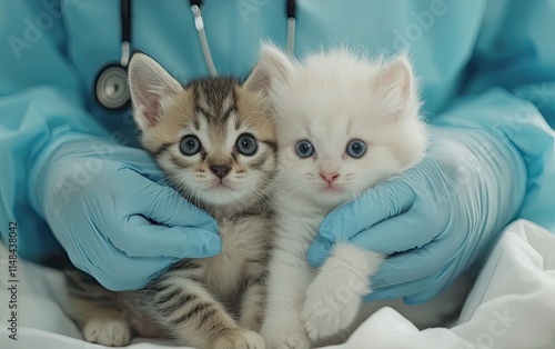 a cute puppy and kitten being examined by the veterinarian at an animal hospital, surrounded by medical equipment like a stethoscope and syringe photo