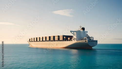 A serene and stark minimalist photography style captures a cargo ship majestically sailing across a vast expanse of calm turquoise sea, with a few wispy clouds scattered across a bright blue sky, the  photo