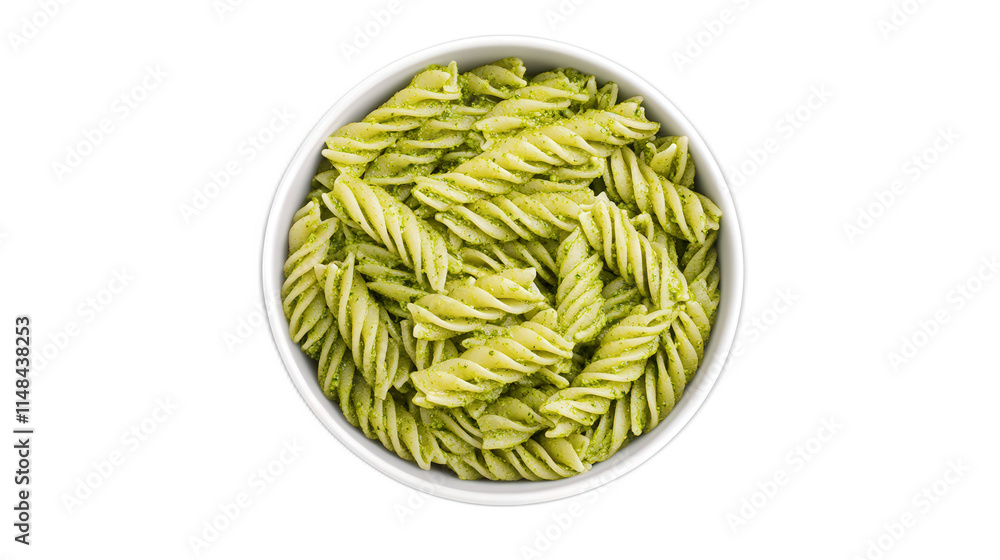 Fresh Green Pesto Fusilli Pasta in a White Bowl on a Plain Background Fresh Green Pesto Fusilli Pasta in a White Bowl on a Plain Background
