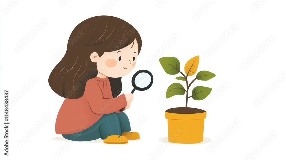 Girl examining a plant with magnifying glass. Girl examining a plant with magnifying glass.