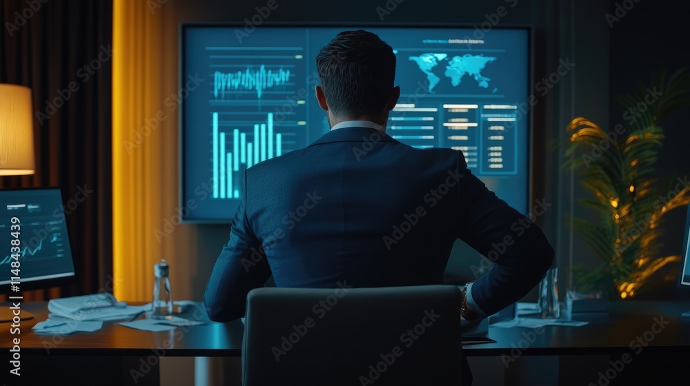 Businessman Analyzing Data on Multiple Screens in Modern Office Businessman Analyzing Data on Multiple Screens in Modern Office