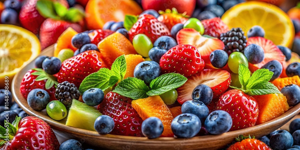 Obraz premium Vibrant Fruit Salad, Fresh Summer Fruits, Healthy Eating, Delicious Bowl of Fruit, Isolated Background