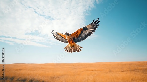 Hawk soars over golden field. photo