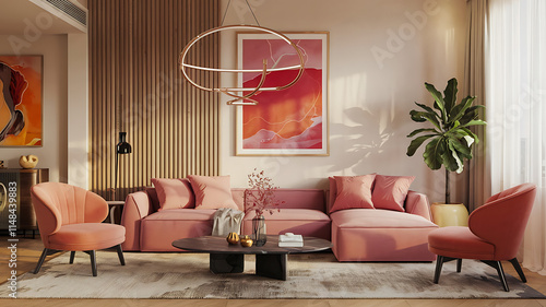 interior design mockup Modern living room 3d rendering Sunset Glow Orange coral magenta golden yellow Abstract