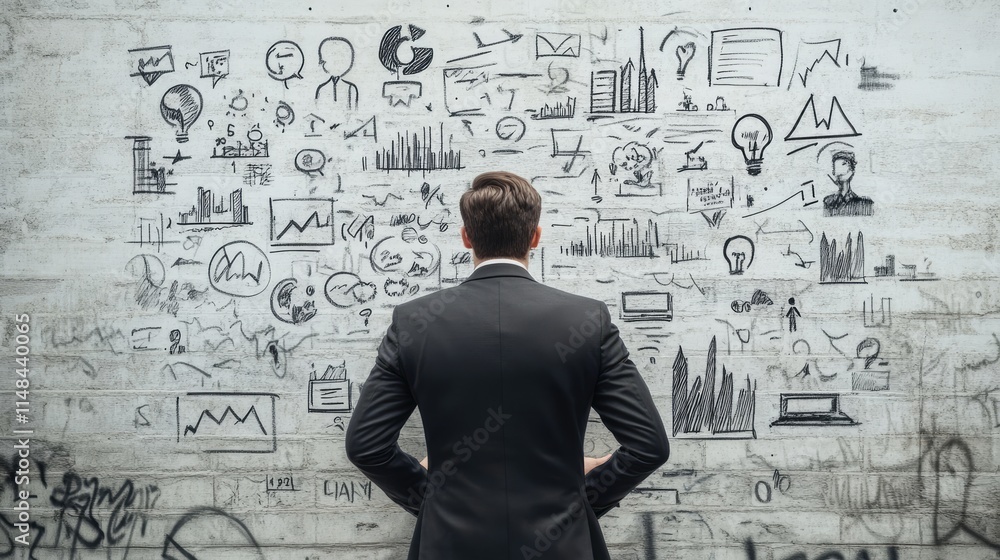 Businessman Analyzing Graphs and Data on Wall with Icons Businessman Analyzing Graphs and Data on Wall with Icons