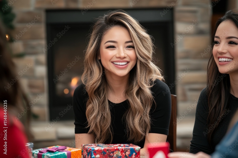 Fototapeta premium A holiday gift exchange scene with a group of friends sitting around a fireplace, unwrapping presents and laughing together