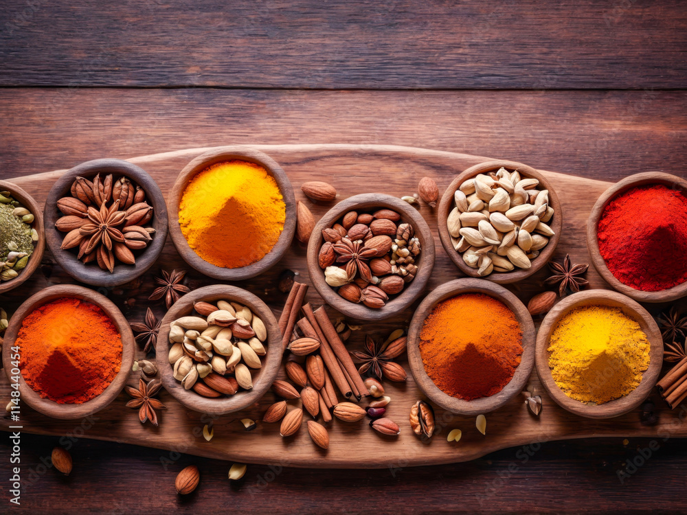 Aromatic Spices and Nuts on Wooden Board Aromatic Spices and Nuts on Wooden Board