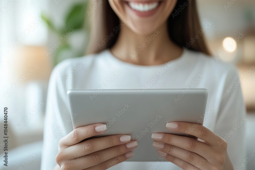 Woman enjoying a relaxing moment while using a tablet in a cozy indoor setting Woman enjoying a relaxing moment while using a tablet in a cozy indoor setting