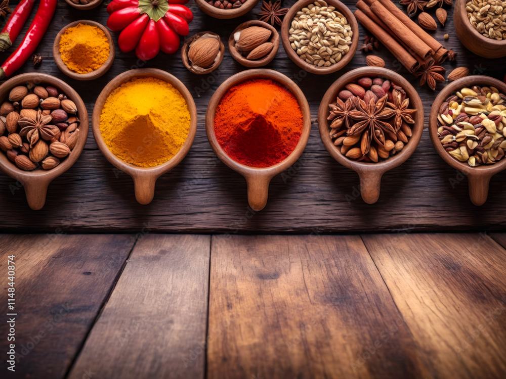Aromatic Spices and Nuts on Wooden Background Aromatic Spices and Nuts on Wooden Background