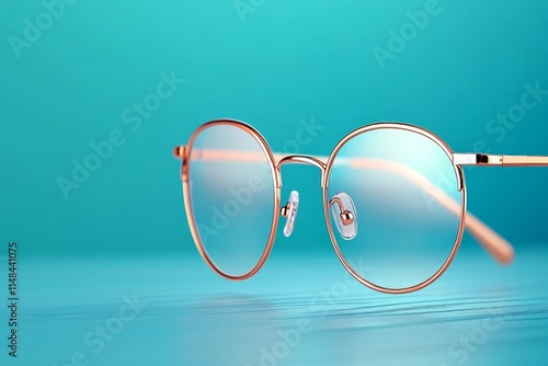 A hyper-realistic close-up of glasses with anti-reflective lenses, showing detailed light refractions and a polished metal frame photo