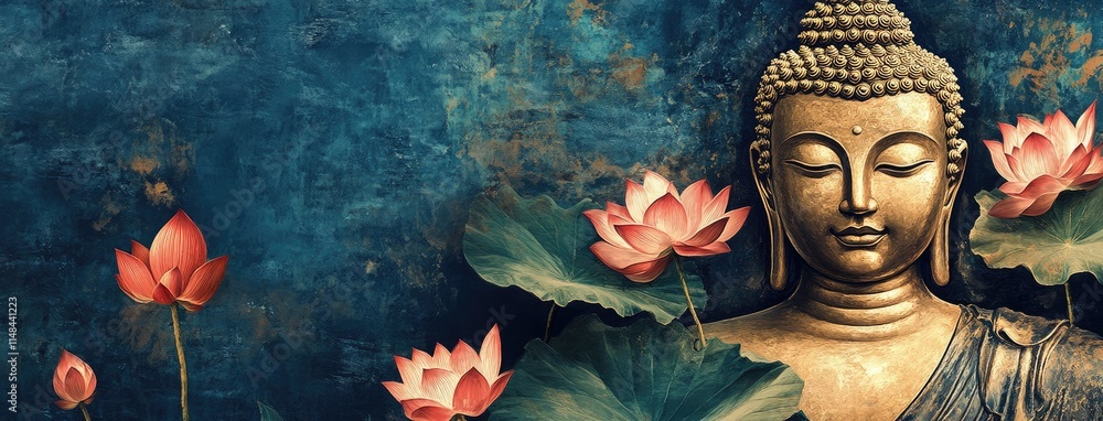 A painting depicting the Buddha, lotus flowers, and leaves against a dark blue background A painting depicting the Buddha, lotus flowers, and leaves against a dark blue background