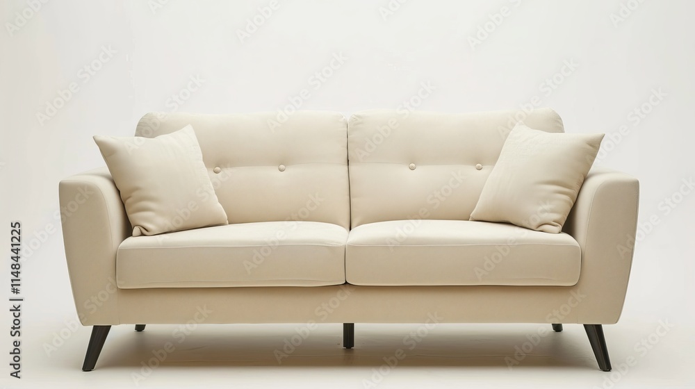 Stylish beige sofa with removable cushions on a clean, light background. Stylish beige sofa with removable cushions on a clean, light background.