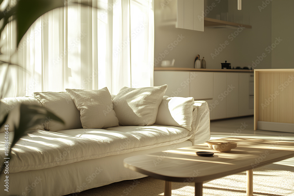 Fototapeta premium Sunlit living room with a white couch and kitchen in the background, showcasing a minimalist design.