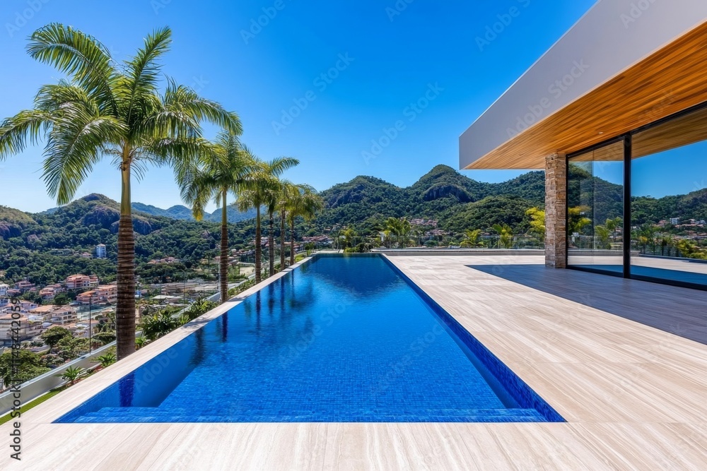 Fototapeta premium A luxurious garden design featuring an infinity pool surrounded by palm trees and tropical flowers